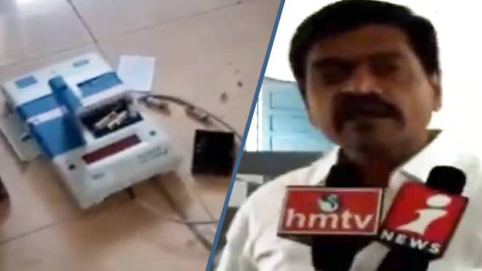 Jana Sena candidate Madhusudhan Gupta smashed EVM machine at a polling booth in Anantapur district of Andhra Pradesh. Jana Sena candidate Madhusudhan Gupta smashed EVM machine at a polling booth in Anantapur district of Andhra Pradesh.