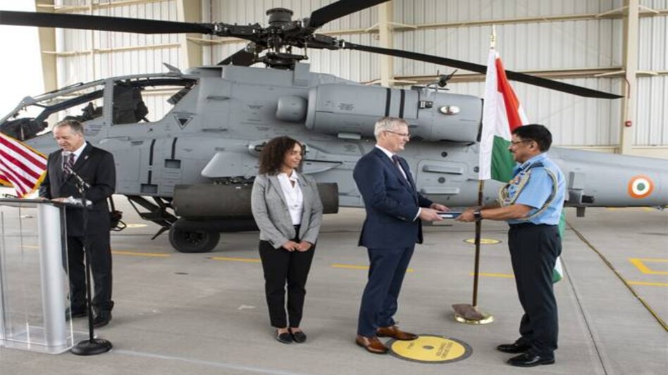 First Apache Guardian helicopter was formally handed over to the Indian Air Force at Boeing production facility in Mesa, Arizona, USA Friday. First Apache Guardian helicopter was formally handed over to the Indian Air Force at Boeing production facility in Mesa, Arizona, USA Friday.