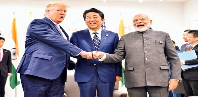 Japan-America-India Trilateral Meeting between PM Narendra Modi, Japanese PM Shinzo Abe and Donald Trump on margins of G20 Summit. (Photo: @MEAIndia) Japan-America-India Trilateral Meeting between PM Narendra Modi, Japanese PM Shinzo Abe and Donald Trump on margins of G20 Summit. (Photo: @MEAIndia)