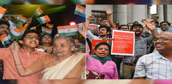 People in Indore celebrate revocation of Article 370 from Jammu and Kashmir (left), whereas activists protest against the move in Bengaluru (right). Photo credit: PTI People in Indore celebrate revocation of Article 370 from Jammu and Kashmir (left), whereas activists protest against the move in Bengaluru (right). Photo credit: PTI