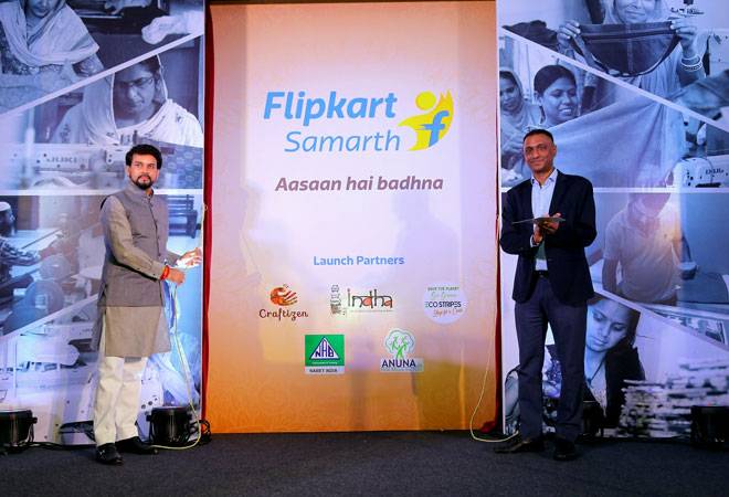 Anurag Singh Thakur, Minister of State for Finance and Corporate Affairs (left) and Kalyan Krishnamurthy, CEO, Flipkart (right) at the inauguration ceremony of Flipkart Samarth. Anurag Singh Thakur, Minister of State for Finance and Corporate Affairs (left) and Kalyan Krishnamurthy, CEO, Flipkart (right) at the inauguration ceremony of Flipkart Samarth.