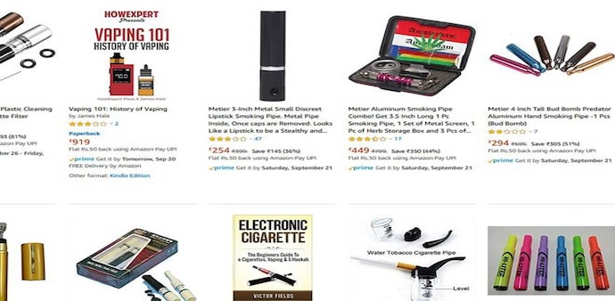 Amazon offered a "Honey Badger" vape device, which resembled a USB flash drive, for 2,799 rupees ($39.35), with flavoured vape refills of mint, butter tobacco. Amazon offered a "Honey Badger" vape device, which resembled a USB flash drive, for 2,799 rupees ($39.35), with flavoured vape refills of mint, butter tobacco.
