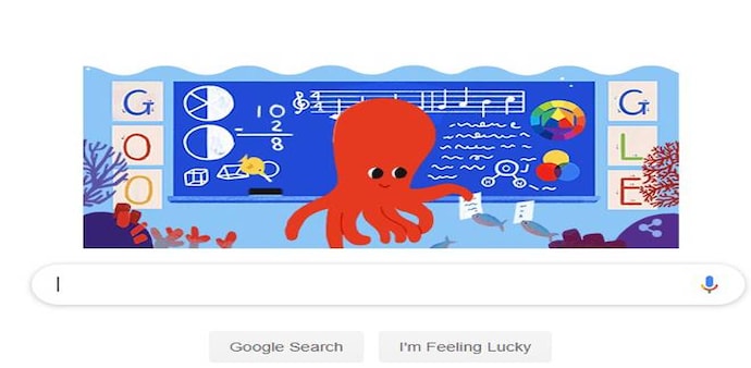 Teacher's day: The doodle shows an animated red-coloured octopus performing experiments, teaching mathematics with its tentacles. Teacher's day: The doodle shows an animated red-coloured octopus performing experiments, teaching mathematics with its tentacles.