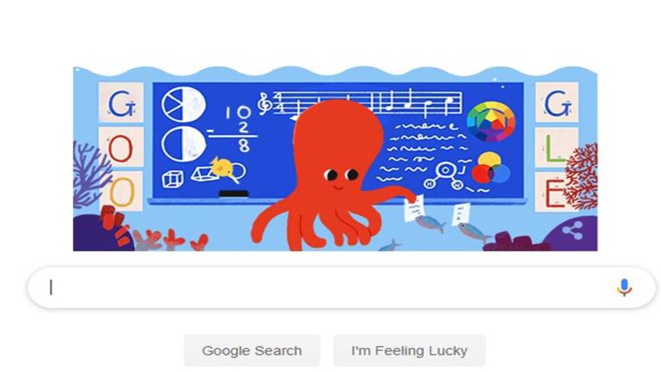 Teacher's day: The doodle shows an animated red-coloured octopus performing experiments, teaching mathematics with its tentacles. Teacher's day: The doodle shows an animated red-coloured octopus performing experiments, teaching mathematics with its tentacles.