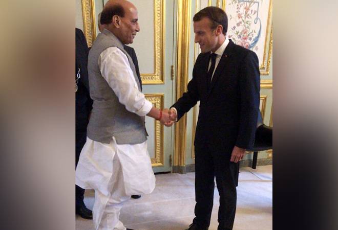 Raksha Mantri Rajnath Singh calling on French President Emmanuel Macron in Paris on Tuesday. Raksha Mantri Rajnath Singh calling on French President Emmanuel Macron in Paris on Tuesday.
