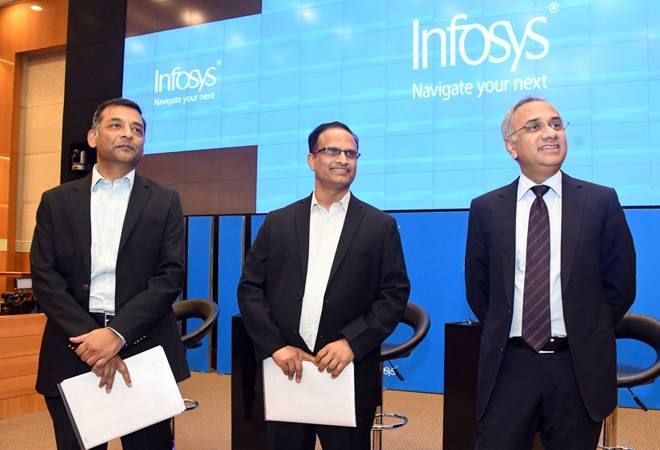 (From left) Infosys CFO Nilanjan Roy, COO UB Pravin Rao, and CEO Salil Parekh (From left) Infosys CFO Nilanjan Roy, COO UB Pravin Rao, and CEO Salil Parekh