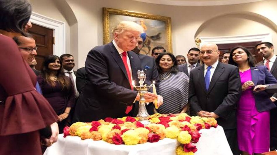 File photo: Trump's first Diwali celebrations at the White House was in his Oval Office in 2017 in the presence of a select group of Indian-American community leaders and members of his administration. File photo: Trump's first Diwali celebrations at the White House was in his Oval Office in 2017 in the presence of a select group of Indian-American community leaders and members of his administration.