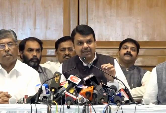 Devendra Fadnavis at a press conference after handing in his resignation Devendra Fadnavis at a press conference after handing in his resignation