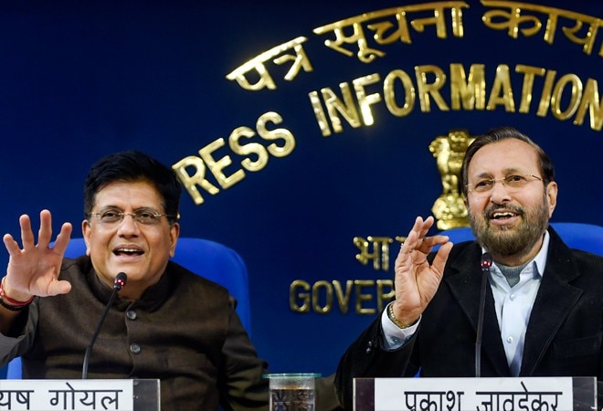 Union ministers Piyush Goyal and Prakash Javadekar briefing the media after Cabinet meeting (Photo credit: PTI) Union ministers Piyush Goyal and Prakash Javadekar briefing the media after Cabinet meeting (Photo credit: PTI)