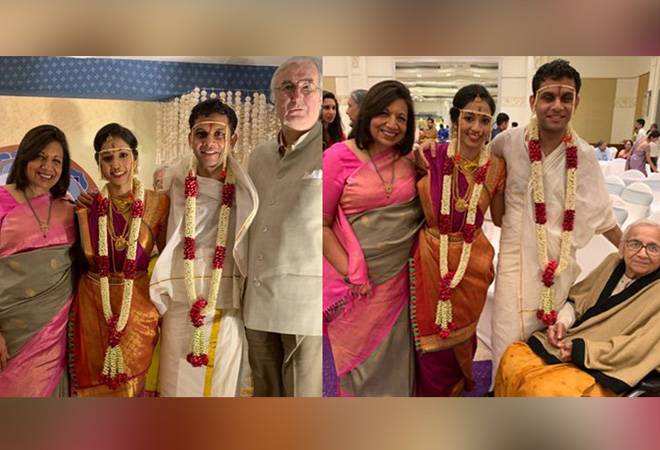 Kiran Mazumdar-Shaw with the newly-wed Rohan Murty and Aparna Krishnan, along with her husband and mother at the wedding. Kiran Mazumdar-Shaw with the newly-wed Rohan Murty and Aparna Krishnan, along with her husband and mother at the wedding.