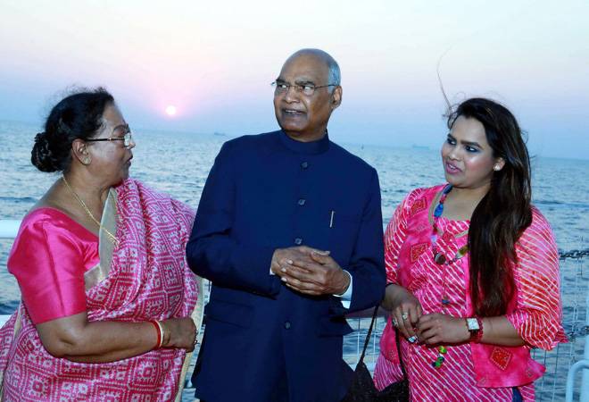 President Ram Nath Kovind with wife Savita and daughter Swati during a ride on a luxury boat in Kochi. President Ram Nath Kovind with wife Savita and daughter Swati during a ride on a luxury boat in Kochi.