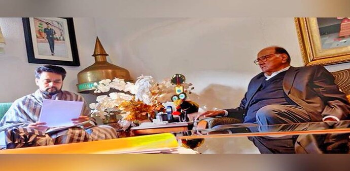 Sharad Pawar met MoS Anurag Singh Thakur to discuss possibilities of revival of PMC Bank on Monday Sharad Pawar met MoS Anurag Singh Thakur to discuss possibilities of revival of PMC Bank on Monday