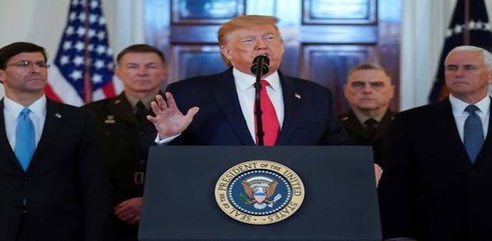 US President Donald Trump, flanked by Vice President Mike Pence, Defense Secretary Mark Esper, Secretary of State Mike Pompeo and military officers, addressed the nation (Photo credit: Reuters) US President Donald Trump, flanked by Vice President Mike Pence, Defense Secretary Mark Esper, Secretary of State Mike Pompeo and military officers, addressed the nation (Photo credit: Reuters)