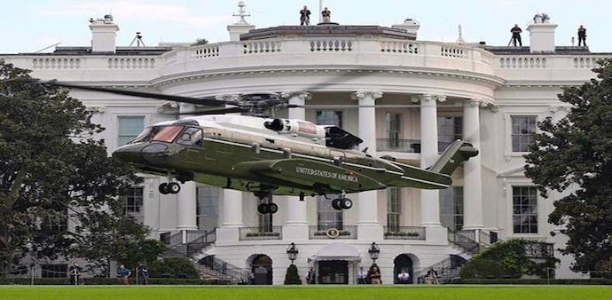 The Marine One chopper is always present to greet the US President, regardless of the location. The Marine One chopper is always present to greet the US President, regardless of the location.