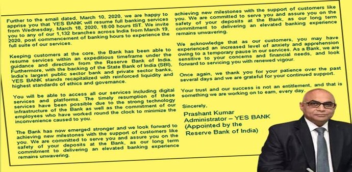 YES Bank Administrator Prashant Kumar's letter to customers YES Bank Administrator Prashant Kumar's letter to customers