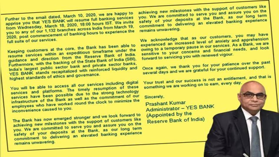 YES Bank Administrator Prashant Kumar's letter to customers YES Bank Administrator Prashant Kumar's letter to customers