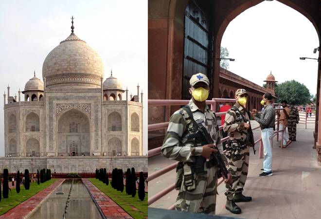 Coronavirus update: Guards and security personnel wearing masks and a much lesser crowd was visible at Taj Mahal on Thursday morning Coronavirus update: Guards and security personnel wearing masks and a much lesser crowd was visible at Taj Mahal on Thursday morning