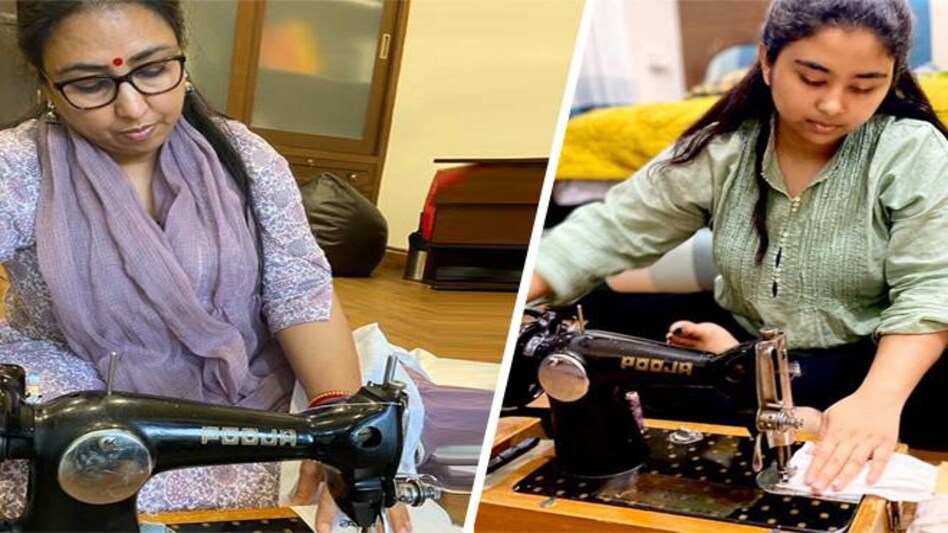 In the picture, Dharmendra Pradhan's wife and daughter can be seen making masks on their sewing machine In the picture, Dharmendra Pradhan's wife and daughter can be seen making masks on their sewing machine
