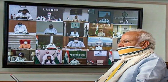 PM Narendra Modi talks to chief ministers via video link (Photo credit: PTI) PM Narendra Modi talks to chief ministers via video link (Photo credit: PTI)