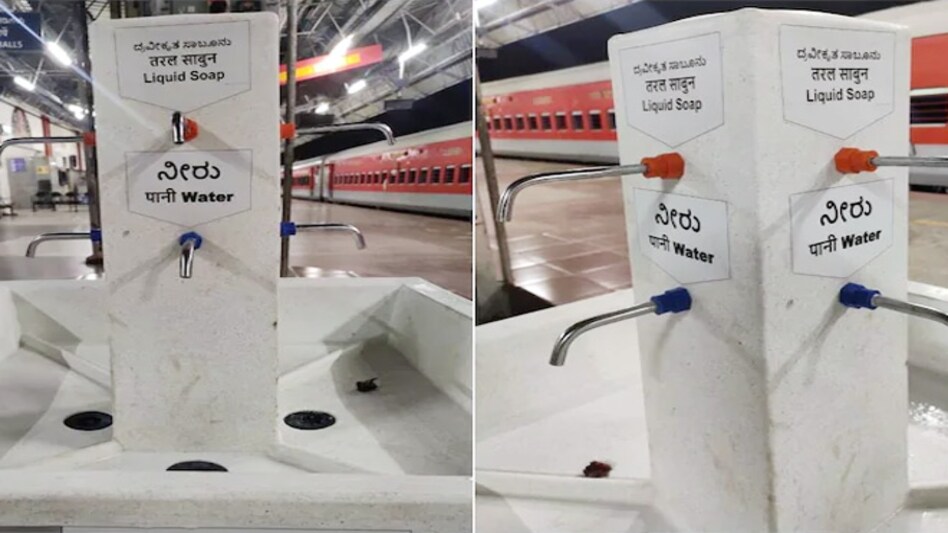 Foot-operated handwash kiosk at the KSR Bengaluru Railway Station Foot-operated handwash kiosk at the KSR Bengaluru Railway Station