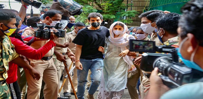 Bollywood actress Rhea Chakraborty and her brother Showik arrive at Enforcement Directorate office for questioning in connection with a money laundering case Bollywood actress Rhea Chakraborty and her brother Showik arrive at Enforcement Directorate office for questioning in connection with a money laundering case