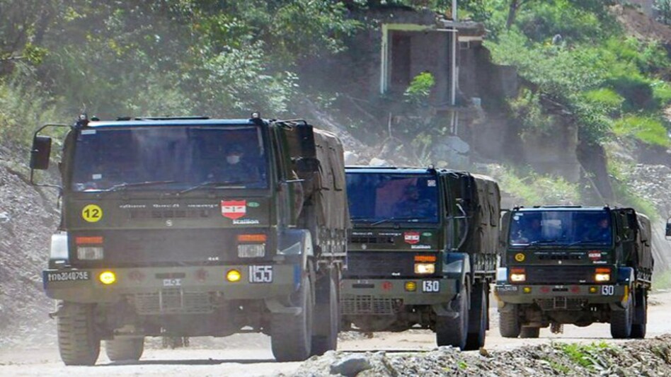 Army trucks move towards Ladakh via Leh-Manali Highway, in Manali. (Photo:PTI) Army trucks move towards Ladakh via Leh-Manali Highway, in Manali. (Photo:PTI)