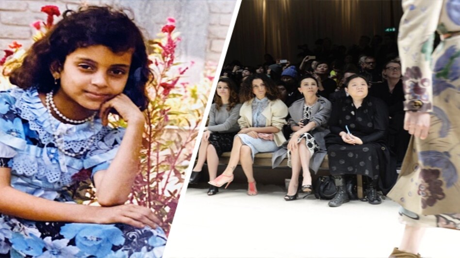 The first image shared by Kangana is from her childhood wherein she can be seen wearing a knee-length dress combined with a string of pearls around her neck and thigh high socks and heels The first image shared by Kangana is from her childhood wherein she can be seen wearing a knee-length dress combined with a string of pearls around her neck and thigh high socks and heels