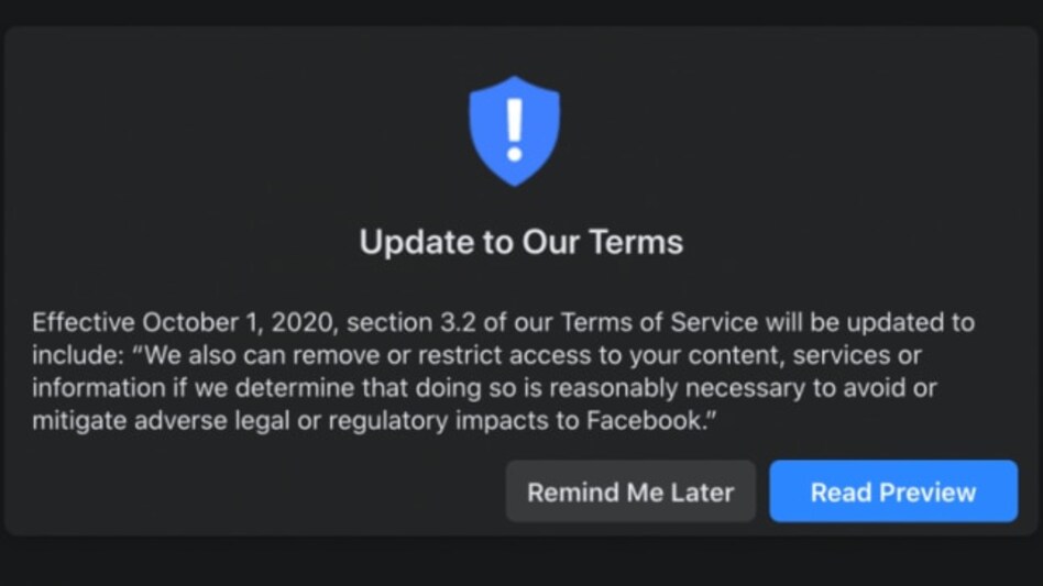Facebook can remove or restrict content starting October 1 to avoid adverse legal, regulatory impacts Facebook can remove or restrict content starting October 1 to avoid adverse legal, regulatory impacts