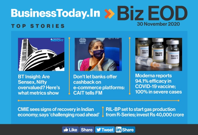 Biz EOD: Are Sensex, Nifty overvalued; Moderna COVID vaccine 94.1% effective; signs of recovery in Indian economy