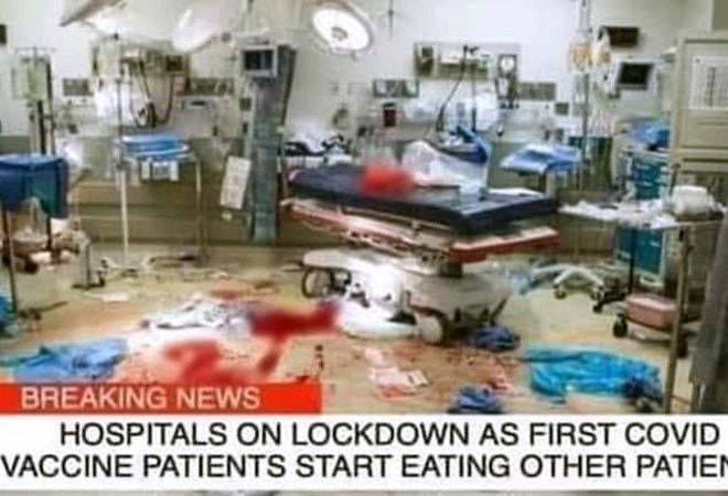 The widely-shared post claims for US hospitals to be locked down due to cannibalistic activity displayed by humans after getting inoculated. The widely-shared post claims for US hospitals to be locked down due to cannibalistic activity displayed by humans after getting inoculated.