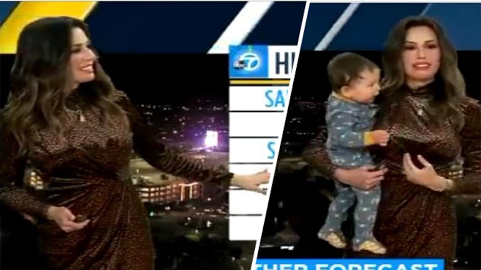 In the most adorable moment of levity, her 10-month old son Nolan crawls up to Lopez's leg as she is live on air In the most adorable moment of levity, her 10-month old son Nolan crawls up to Lopez's leg as she is live on air