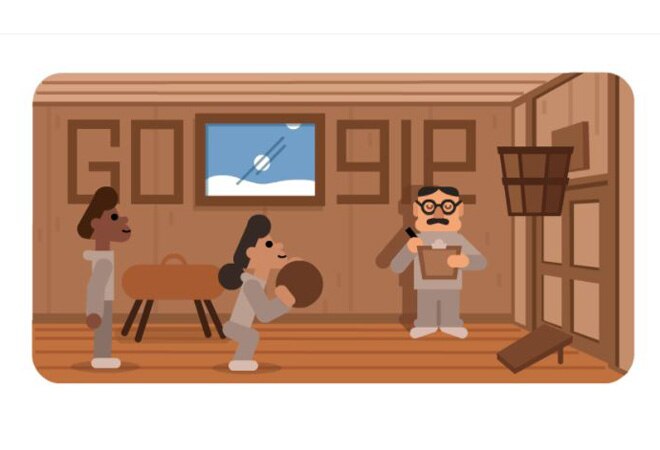 Google doodle: This doodle shows Dr Naismith standing inside a gymnasium with a clipboard in his hand as students play basketball and it is snowing outside Google doodle: This doodle shows Dr Naismith standing inside a gymnasium with a clipboard in his hand as students play basketball and it is snowing outside