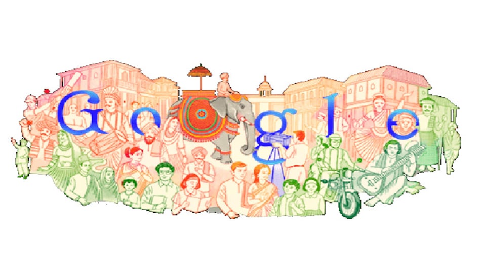 Republic Day Google Doodle: The latest Google doodle shows old buildings in the background in hues of saffron and people in green in the front Republic Day Google Doodle: The latest Google doodle shows old buildings in the background in hues of saffron and people in green in the front