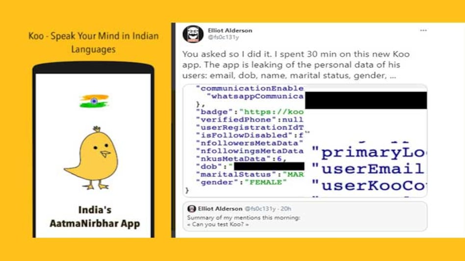 Ethical hacker Elliot Alderson has now tested microblogging site Koo and found the app is leaking personal details of the users including email, date of birth, name, marital status, gender amongst others Ethical hacker Elliot Alderson has now tested microblogging site Koo and found the app is leaking personal details of the users including email, date of birth, name, marital status, gender amongst others