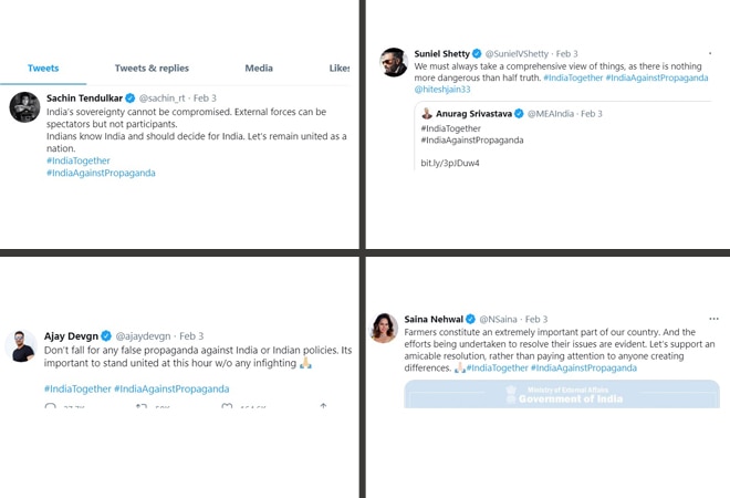 A host of prominent people from Hindi film industry and cricketers took to Twitter on February 3 after international personalities such as Rihanna expressed their support for farmers A host of prominent people from Hindi film industry and cricketers took to Twitter on February 3 after international personalities such as Rihanna expressed their support for farmers