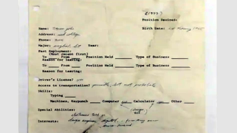 The document was reportedly the first job application filed by the Apple CEO The document was reportedly the first job application filed by the Apple CEO