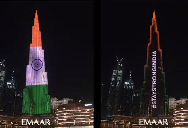 COVID-19: Burj Khalifa lights up with tricolour, says #StayStrongIndia COVID-19: Burj Khalifa lights up with tricolour, says #StayStrongIndia