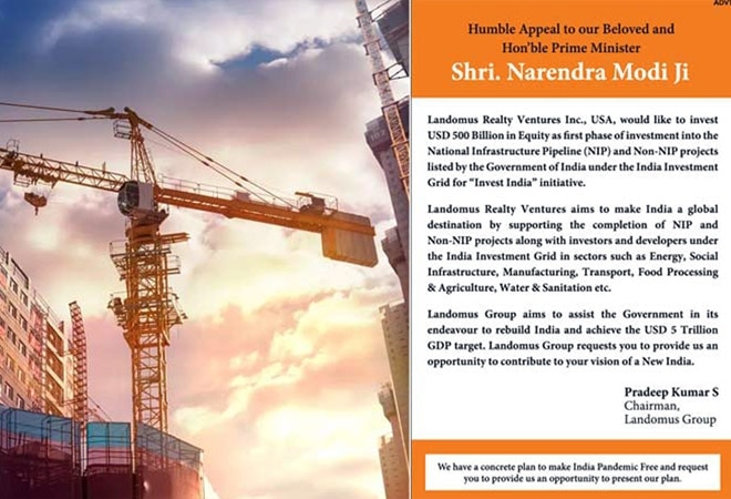 The advertisementsaid the company would like to invest $500 billion in equity in various infra projects. The advertisementsaid the company would like to invest $500 billion in equity in various infra projects.