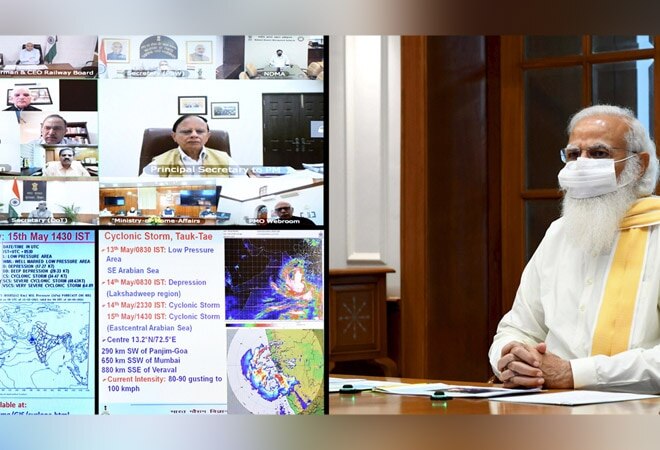 Prime Minister Narendra Modi holds a high-level meeting to review preparedness on Cyclone Tauktae through video conferencing (Image souce: PTI)) Prime Minister Narendra Modi holds a high-level meeting to review preparedness on Cyclone Tauktae through video conferencing (Image souce: PTI))