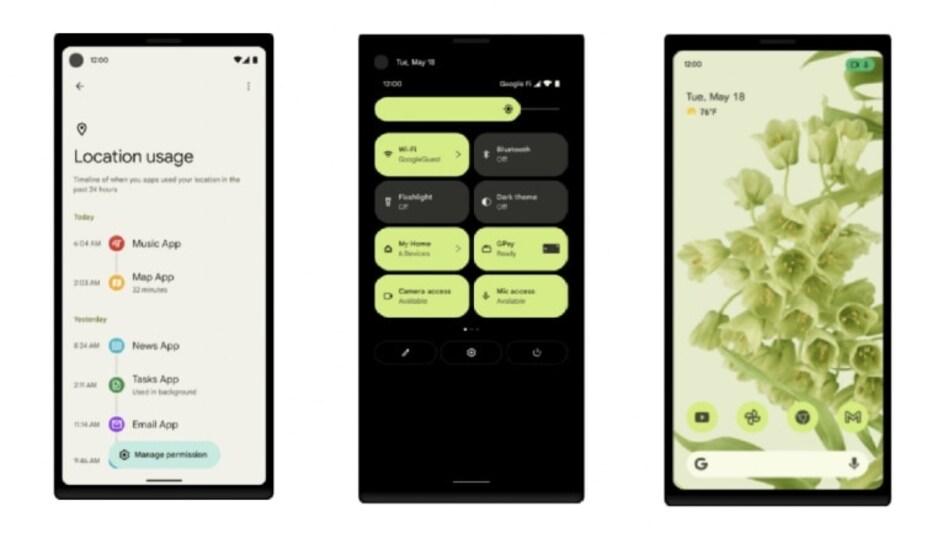 Android 12 privacy features - Privacy Dashboard (L) Mic and camera toggles and Mic and camera indicators (R) Android 12 privacy features - Privacy Dashboard (L) Mic and camera toggles and Mic and camera indicators (R)