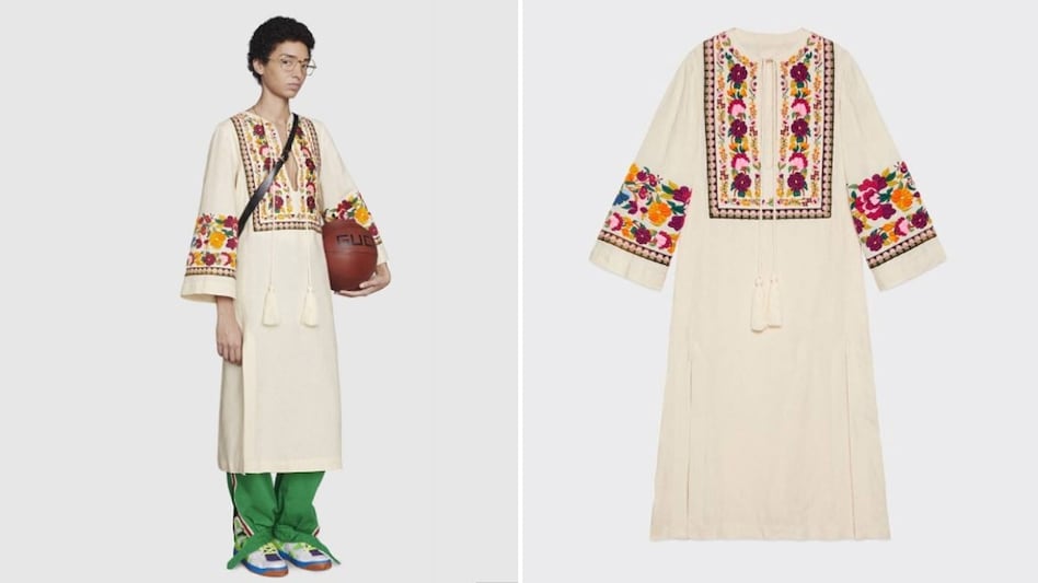 This is an off-white kurta featuring floral embroidered yolk, a neck opening with a self-tie tassel, and patchwork on the sleeves (Image: Gucci website) This is an off-white kurta featuring floral embroidered yolk, a neck opening with a self-tie tassel, and patchwork on the sleeves (Image: Gucci website)
