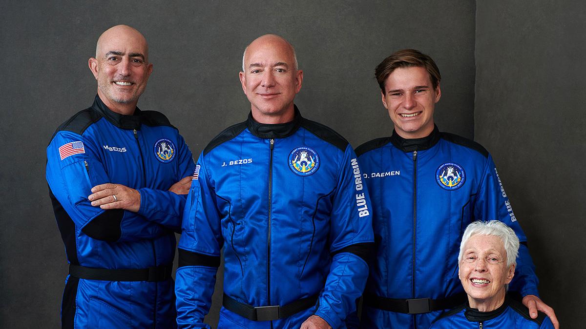 Jeff Bezos with his brother Mark Bezos, 82-year old aviator Wally Funk and 18-year old Oliver Daemen Jeff Bezos with his brother Mark Bezos, 82-year old aviator Wally Funk and 18-year old Oliver Daemen