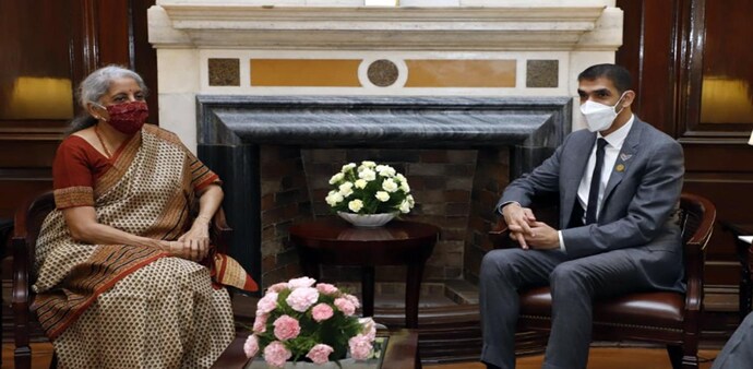 Finance Minister Nirmala Sitharaman with Dr Thani Bin Ahmed Al Zeyoudi, Minister of State for Foreign Trade, UAE Finance Minister Nirmala Sitharaman with Dr Thani Bin Ahmed Al Zeyoudi, Minister of State for Foreign Trade, UAE