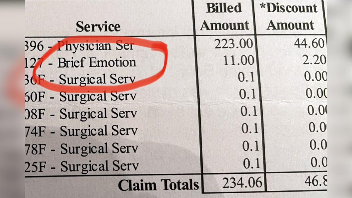 The now-viral image shows the bill has an absurd charge of "Brief Emotion" attached to it along with other medical expenses The now-viral image shows the bill has an absurd charge of "Brief Emotion" attached to it along with other medical expenses