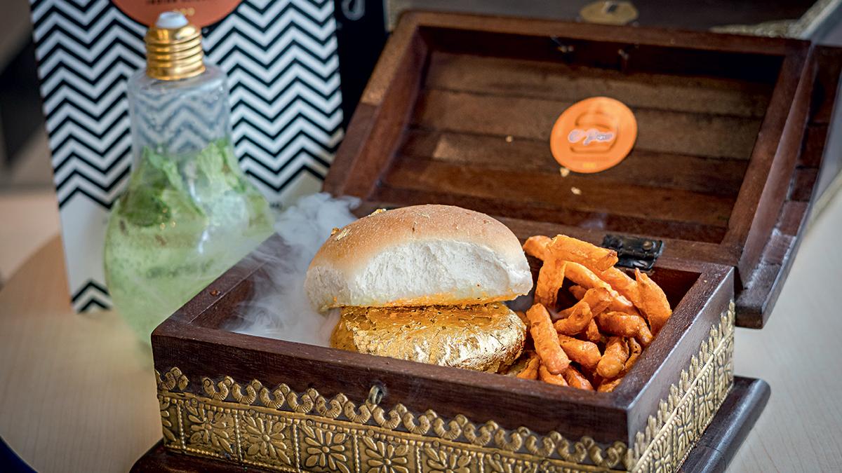 The vada is filled with Italian truffle butter and cheese, and is then wrapped in 22-carat edible gold from France The vada is filled with Italian truffle butter and cheese, and is then wrapped in 22-carat edible gold from France