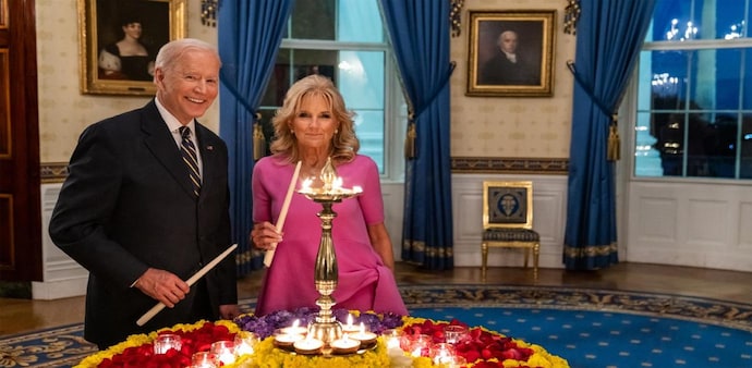 US President Joe Biden shared his photo with US First Lady Dr Jill Biden lighting diyas US President Joe Biden shared his photo with US First Lady Dr Jill Biden lighting diyas