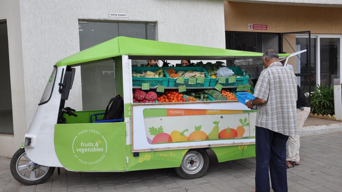 The fruits and vegetable retailer's battery-powered carts are placed across the city. The fruits and vegetable retailer's battery-powered carts are placed across the city.
