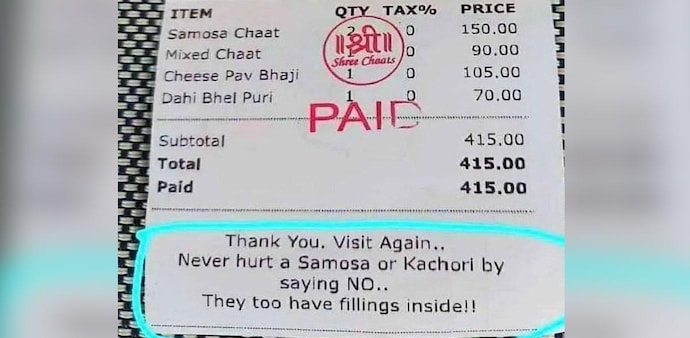 The bill had items like samosa chaat, mixed chaat, cheese pav bhaji and dahi bhel puri. The bill had items like samosa chaat, mixed chaat, cheese pav bhaji and dahi bhel puri.