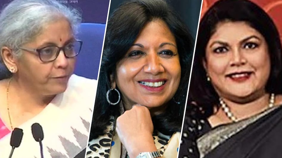 Finance Minister Nirmala Sitharaman, Biocon executive chairperson Kiran Mazumdar-Shaw and Nykaa founder Falguni Nayar Finance Minister Nirmala Sitharaman, Biocon executive chairperson Kiran Mazumdar-Shaw and Nykaa founder Falguni Nayar