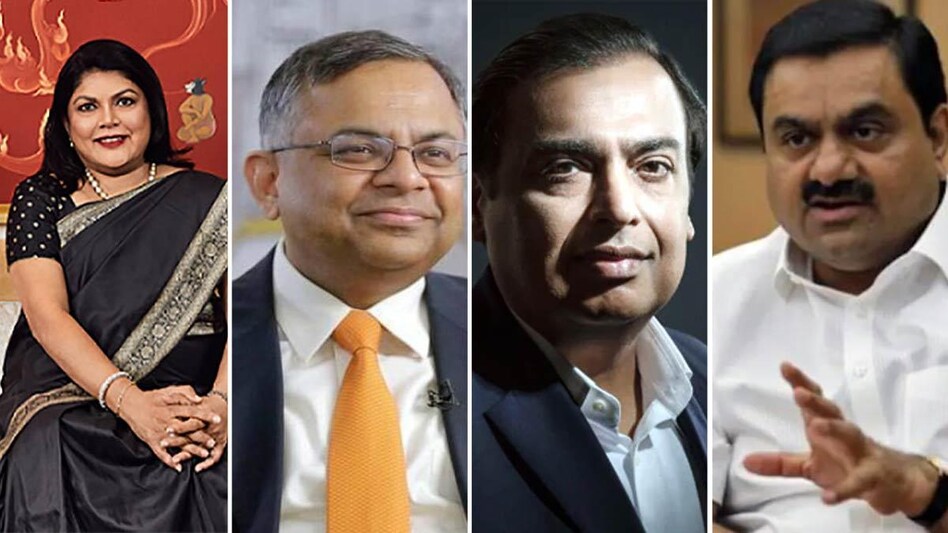 (From left to right) Falguni Nayar, N Chandrasekaran, Mukesh Ambani, Gautam Adani (From left to right) Falguni Nayar, N Chandrasekaran, Mukesh Ambani, Gautam Adani